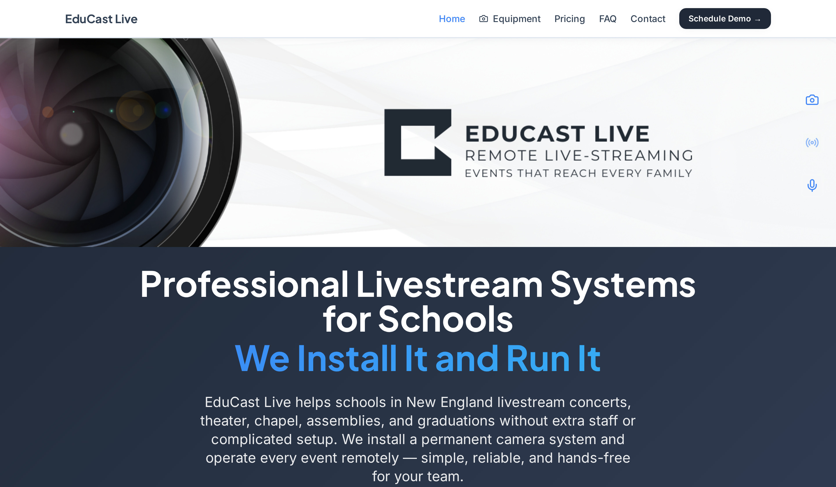 The EduCast Live homepage, showing its livestream systems for schools