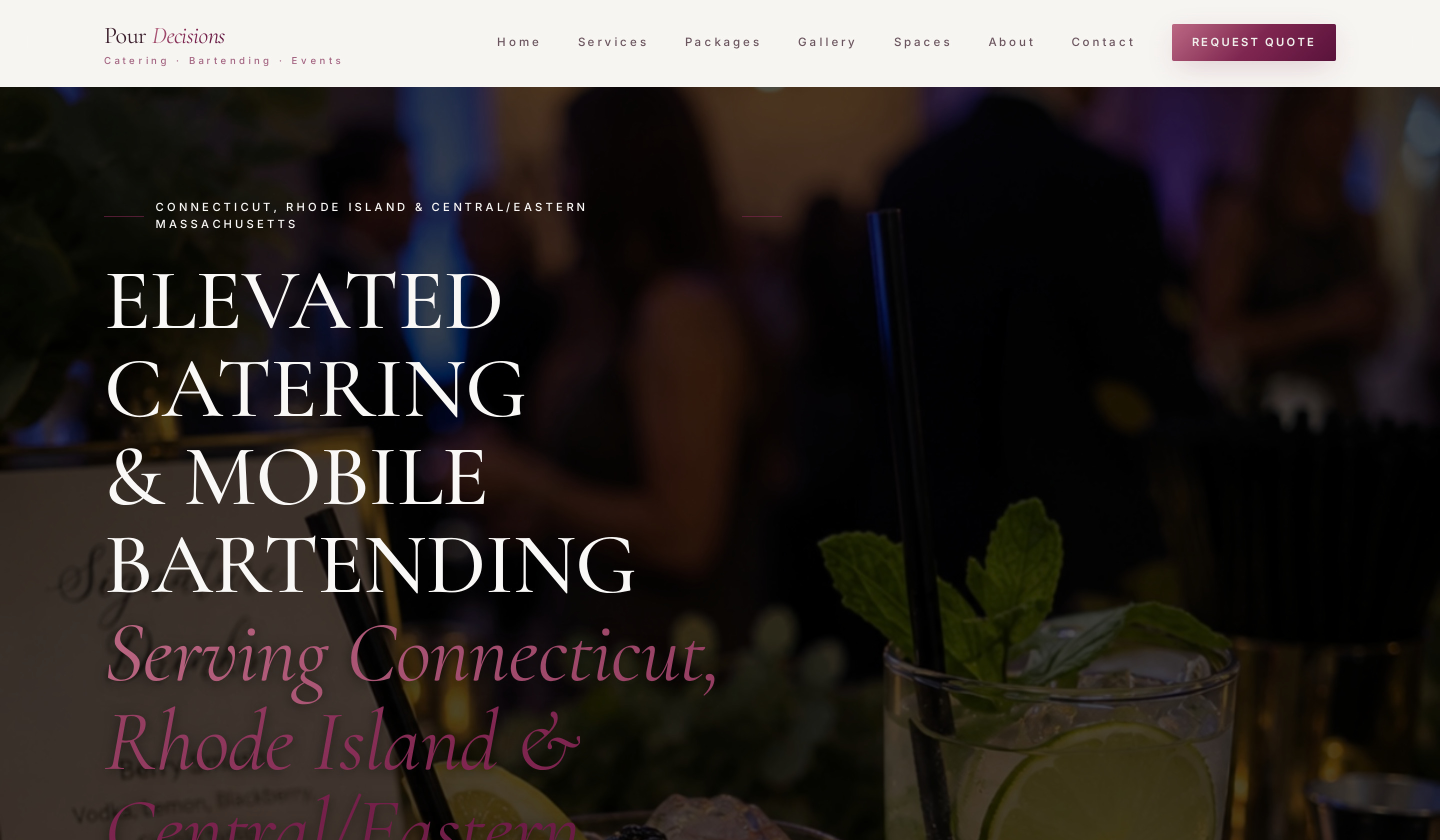 The Pour Decisions website homepage, led by event and cocktail photography